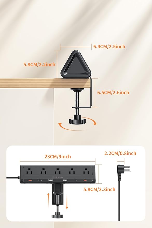 6.5 FT Desk Clamp Power Strip with 5 AC Outlets & 6 USB Ports PD 40W USB-C Fast Charging, Extension Cord with Multiple Outlets, Fits 2.1 in top Edge Black