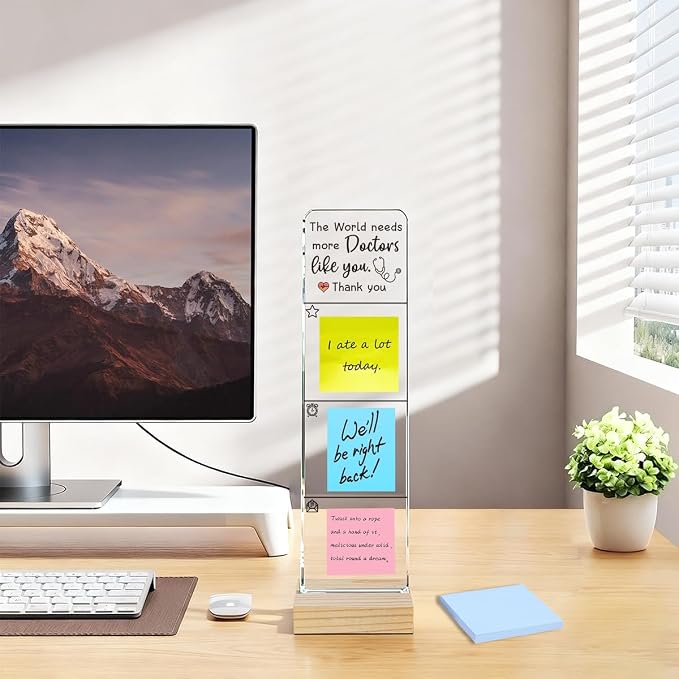 Sticky Note Holder, Monitor Memo Board, Acrylic Post It Note Holder with Wooden Base, Includes 100 Notes, Thank You Doctor Desk Organizer, Doctor Quote “The World Needs More Doctors Like You”