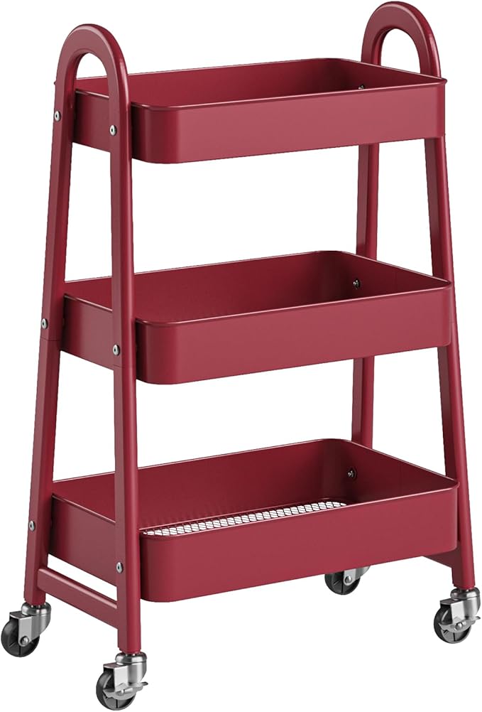 NEWBULIG 3-Tier Metal Rolling Cart with Lockable Wheels, Heavy Duty Mobile Utility Storage Shelf, Roller Book Snack Cart, Organization for Livingroom, Bathroom, Office, Red