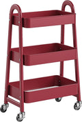 NEWBULIG 3-Tier Metal Rolling Cart with Lockable Wheels, Heavy Duty Mobile Utility Storage Shelf, Roller Book Snack Cart, Organization for Livingroom, Bathroom, Office, Red