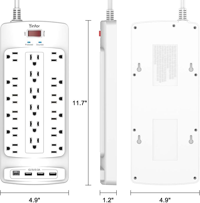 Surge Protector Power Strip, Yintar 10 Feet Flat Plug Heavy Duty Extension Cord with 18 Widely Outlets and 4 USB Ports, 2100 Joules, ETL Listed, White