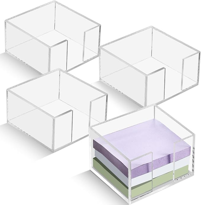 Threehoney 4 Pcs Acrylic Sticky Note Holder 3 x 3 Clear Crystal Acrylic Note Dispenser Notepad Memo Holder Office Desk Organizer Accessories Sticky for Dorm Room Office Desk