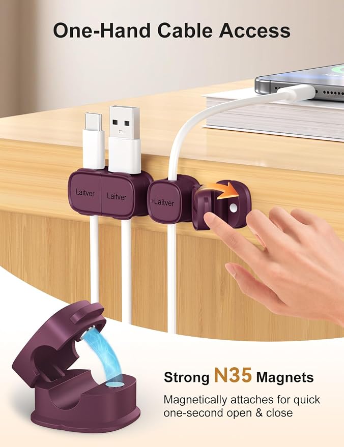 6 Pack Magnetic Cable Clips [1s Open/Lock], Cord Organizer Holder | Strong Adhesive Desk Cable Management- Organize Charging Cords Neatly for Home, Office, Car,Desk, Nightstand-Dark Purple