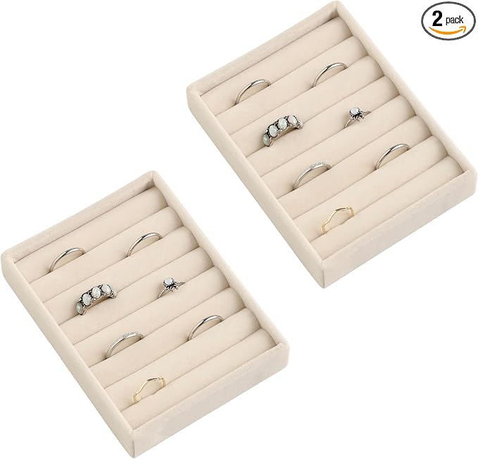 Frebeauty Small Jewelry Trays for Drawer,2 Pack 7 Slots Ring Organizer | Jewelry Box Inserts,Drawer Inserts,Vanity Drawer Organizer,Mini Size,Compact Ring Holder,Stackable Ring Tray