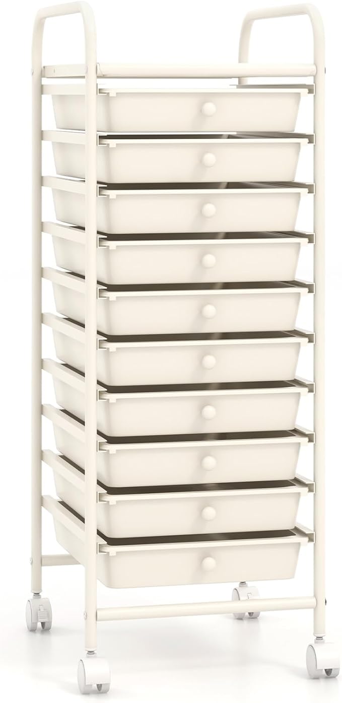 LDAILY 10 Drawer Rolling Storage Cart, Craft Organizer on Wheels, Drawer Cart with Metal Frame & Large Storage Capacity, Rolling Cart with Drawers for Living Room Classroom, Office