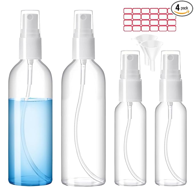 Zoizocp Spray Bottles, 2oz/50ml, 3.4oz/100ml Clear Empty Fine Mist Plastic Mini Travel Bottle Set, Small Refillable Liquid Containers with 2pcs Funnels and 24pcs Labels (4 Pack)