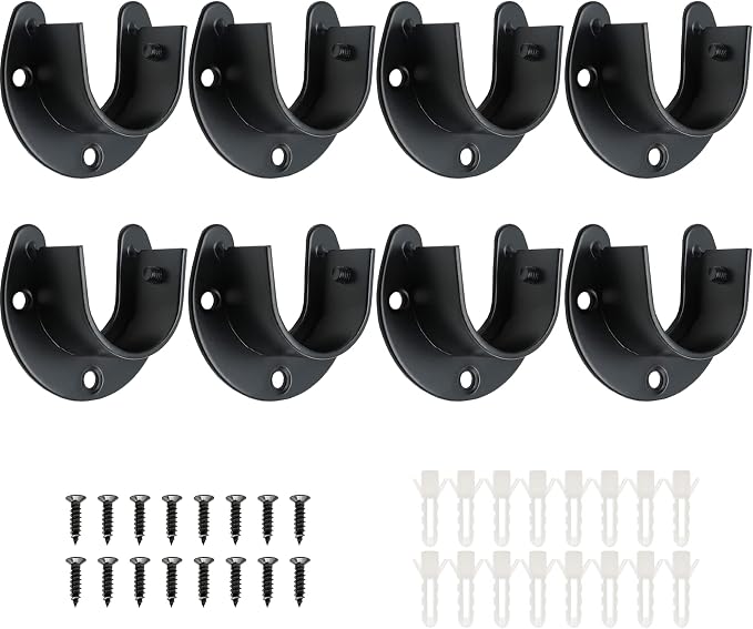 Closet Rod End Supports, 1 Inch, Black, 8 Packs | Stainless Steel, Heavy Duty, U-Shaped with Screws, Wardrobe Bracket Pole Sockets