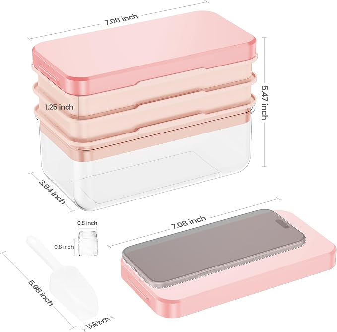 0.8“ Ice Cube Tray with Lid and Bin, PHINOX 84 Cubes Ice Trays for Freezer, Ice Cube Trays for Freezer with 3 trays, Container, Lid & Ice Scoop, BPA Free, Pink(28Cubes/Tier)