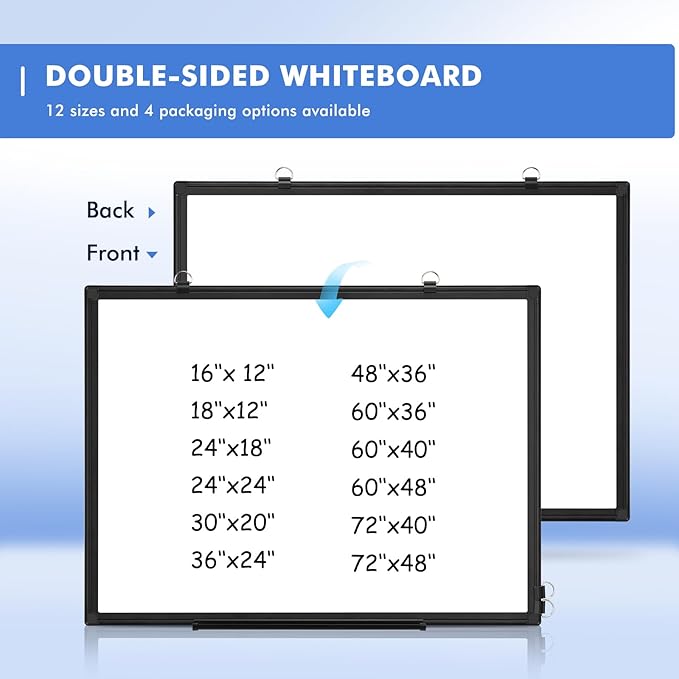 Double-Sided White Board Black Aluminium Frame, 24" x 18" Dry Erase Board Magnetic Whiteboard for Wall, Hanging Mounted Whiteboard Home, School, Office, Kitchen