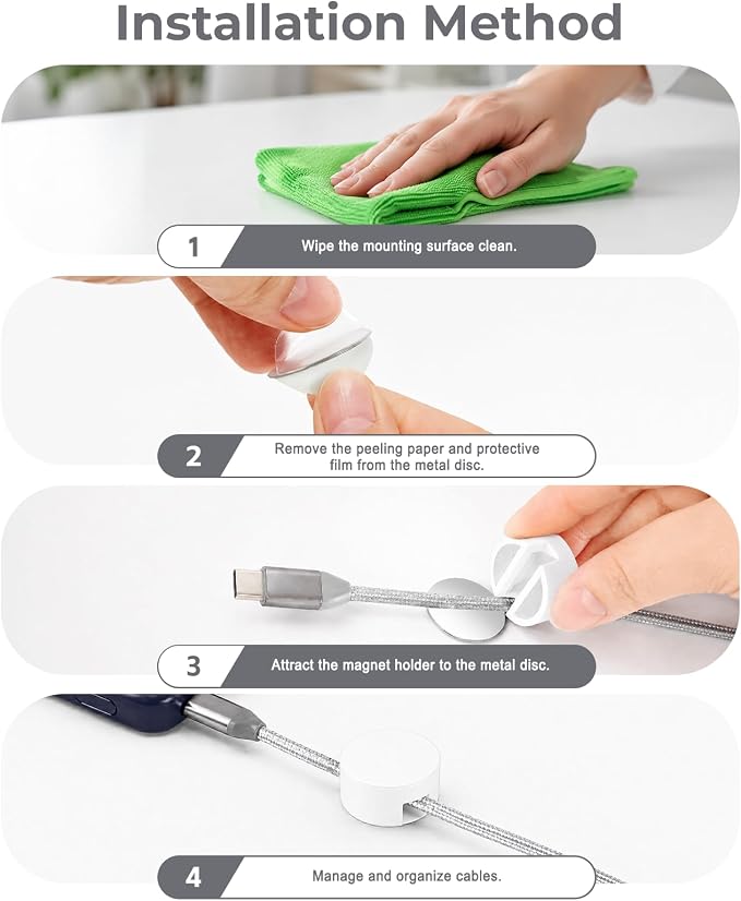 Maveek 5 Sets Magnetic Cable Management Clips with Discs, Adhesive Cable Holder Electrical Wire Clips Cord Organizer for Desktop Wall Kitchen USB LAN Type-c (White)