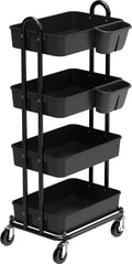 Simple Houseware 4-Tier Rolling Utility Cart with Hanging Bucket, Black | Storage for Bathroom, Kitchen, Office, Study Room, Nursery Diaper