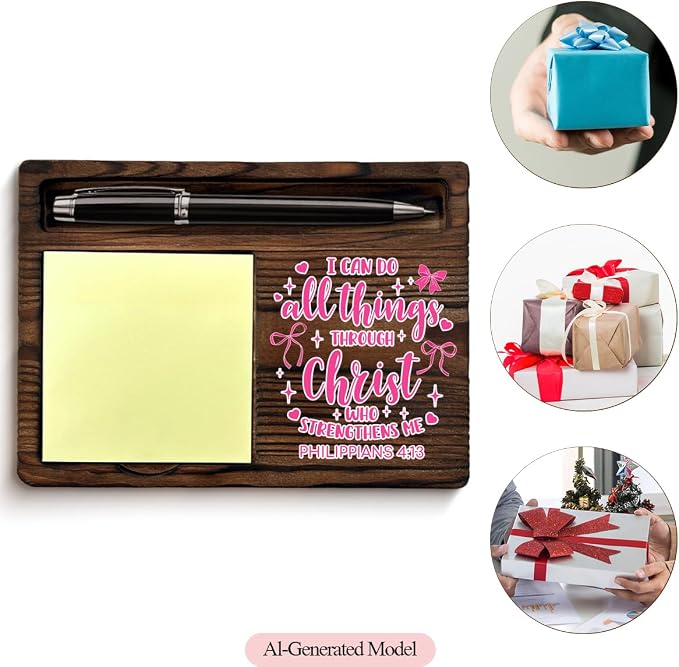 Christian Pink Bow Coquette Sticky Note Holder Bible Verse Philippians 4:13 Post It Note Dispenser for Office Home Desk Decor, Christian Religious Gifts for Women Girls Sister Friends Coworker
