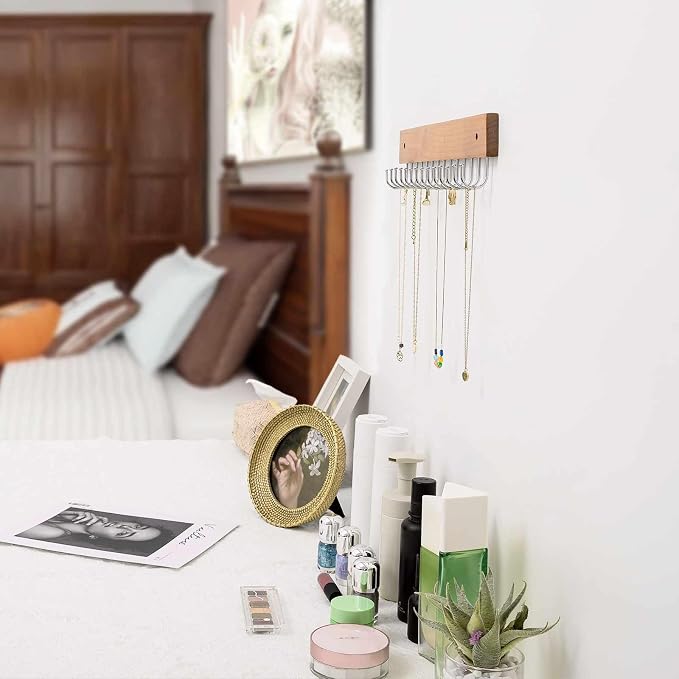 SCUNDA Wall Mounted Necklace Holder, Farmhouse Style Necklace Holder, Tangle Free Wall Jewelry Organizer with 28 Hooks(2 Packs,Natural)