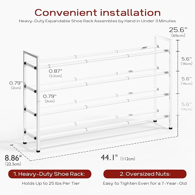 Bumusty 4-Tier Long Expandable Shoe Rack for Closet, 18"-44" Adjustable Shoe Rack for Entryway, 20-24 Pairs Large Shoe Organizer Shelf Storage, Sturdy Metal, White
