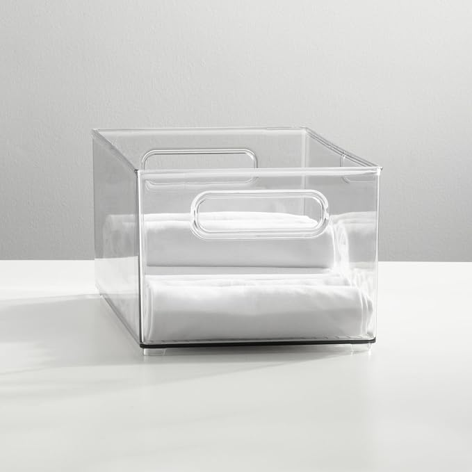 mDesign Deep Plastic Storage Organizer Container Bin, Closet Organization for Hallway, Bedroom, Linen, Coat, and Entryway - Holds Clothing, Blankets, Accessories, Toys, Ligne Collection, 4 Pack, Clear