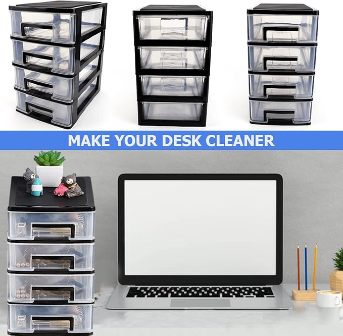 4 Tier Plastic Drawer Organizer Storage Box for Desk, Cosmetics, Jewelry, Office Supplies, Home Organization (8.46" x 5.9" x 9.84")