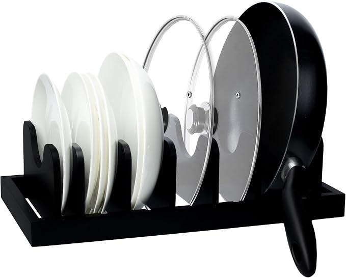 MinBoo Bamboo Pot Lid Organizer Pot Lid Holder, Pot and Pan Organizer Drawer Organizer for Pot Lids, Pans, Cutting Boards & Baking Sheets, Dinner Plates, Reusable Containers in Cabinet Storage,Black
