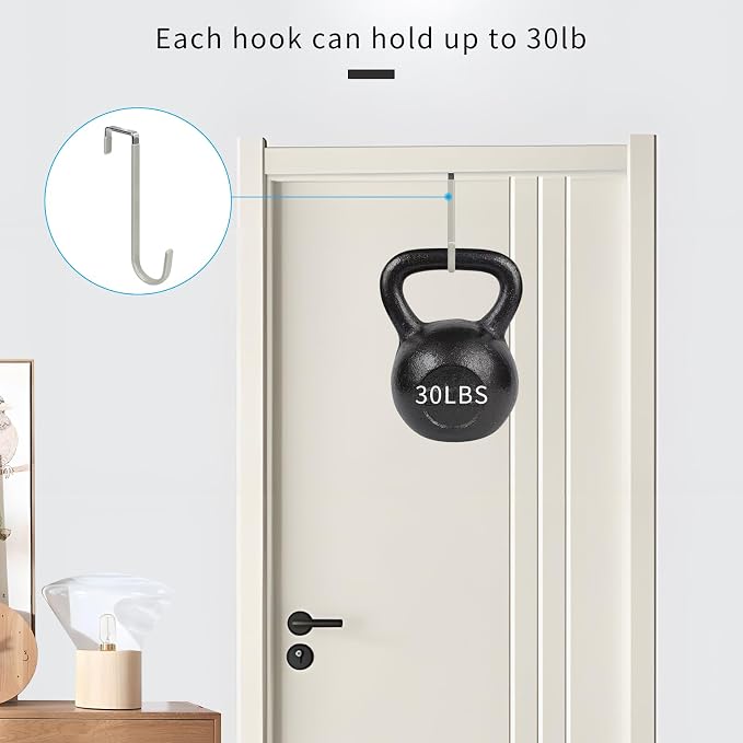 FYY Over the Door Hooks, Single-Hanger 4 Pack, Fits Doors 1.6" Grey | Heavy Duty Metal, Hold 20lbs, Rubber-Coated, No-Drilling, for Bathroom Dorm, Hanging Towels Clothes Hats Bags Coats Wreaths