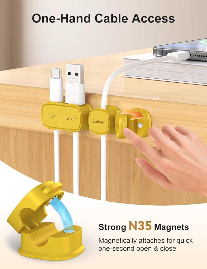 6 Pack Magnetic Cable Clips [1s Open/Lock], Cord Organizer Holder | Strong Adhesive Desk Cable Management- Organize Charging Cords Neatly for Home, Office, Car,Desk, Nightstand-Yellow