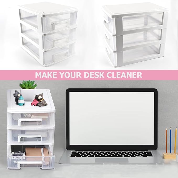 Plastic Desk Organizer,Desk Storage Box with 3 drawers,Makeup Organizer Sundries Storage Multifunction Storage Rack for Office School Home (White)