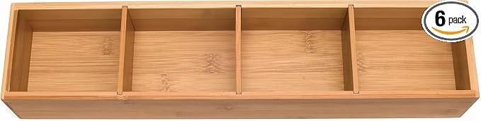 Lipper International Bamboo Drawer Organizer with 3 Removable Dividers, Brown (Pack of 6)