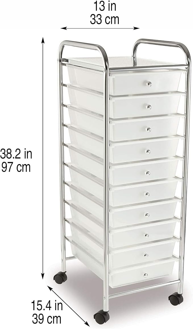 Simply Tidy 10 Drawer Clear Rolling Cart - Mobile Organizer with Removable Drawers, Swivel & Locking Casters, Durable Tubular Frame - 1 Set
