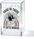Hang In There It Gets Worse Acrylic Makeup Brush Pencil Holder Cup, Funny Grim Reaper Black Cat Pen Holder For Friends HR Nurse, Dark Humor Funny Office Gifts for Coworkers, Mental Health Gifts