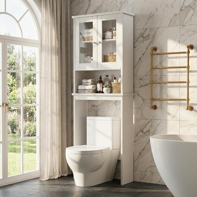 Over The Toilet Storage Cabinet for Bathroom, White Storage Organizer Over Toilet, Space Saver with Tempered Glass Doors, White