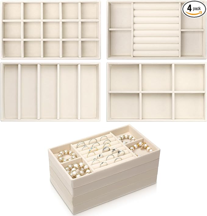 Prasacco 4 Pcs Stackable Jewelry Trays Jewelry-Organizer for Drawer Jewelry Drawer Organizer Inserts with Removable Dividers Jewelry’ Storage Display Case for Earrings Necklaces Rings Bracelets