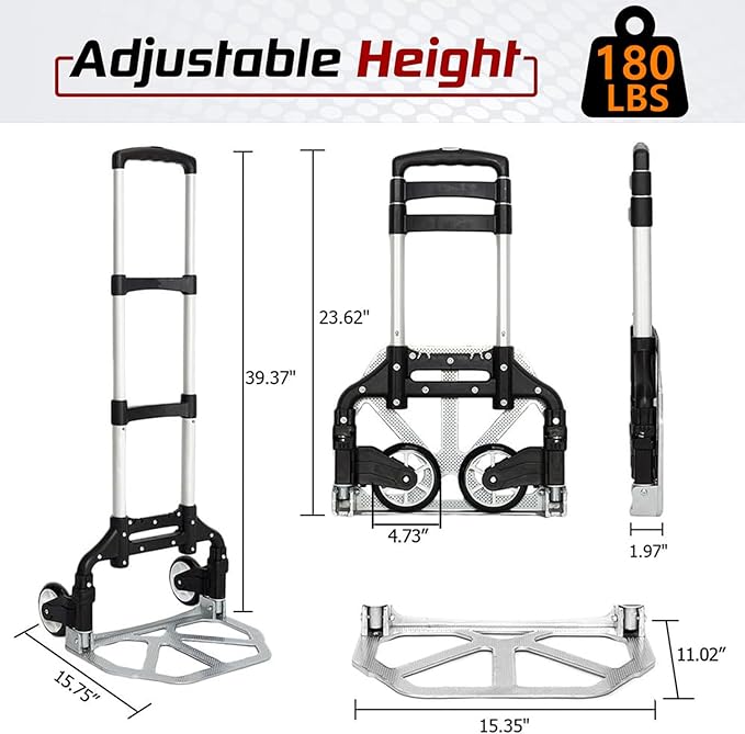 Folding Hand Truck Aluminum Portable Folding Hand Cart 180lbs Capacity Hand Cart and Dolly Ideal for Home, Auto, Office,Travel Use,Black