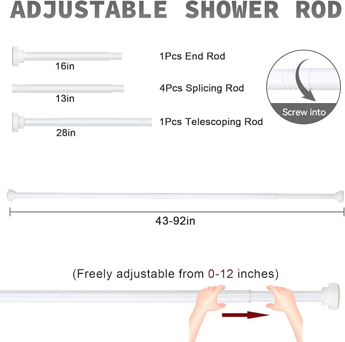Thestoa Shower Curtain Rod Adjustable 43-92 inch, 1"Diameter Spring Tension Curtain Rod No Drill, Anti-Rust Non-Slip Shower Rod, White Shower Curtain Rod for Bathroom Tension