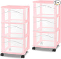 Sterilite 2 Pack 3 Drawer Storage Cart, Plastic Rolling Organization, Pink | Clear Plastic Organizer Drawers with Wheels for Craft Supplies, Bath Essentials, or Home Accessories