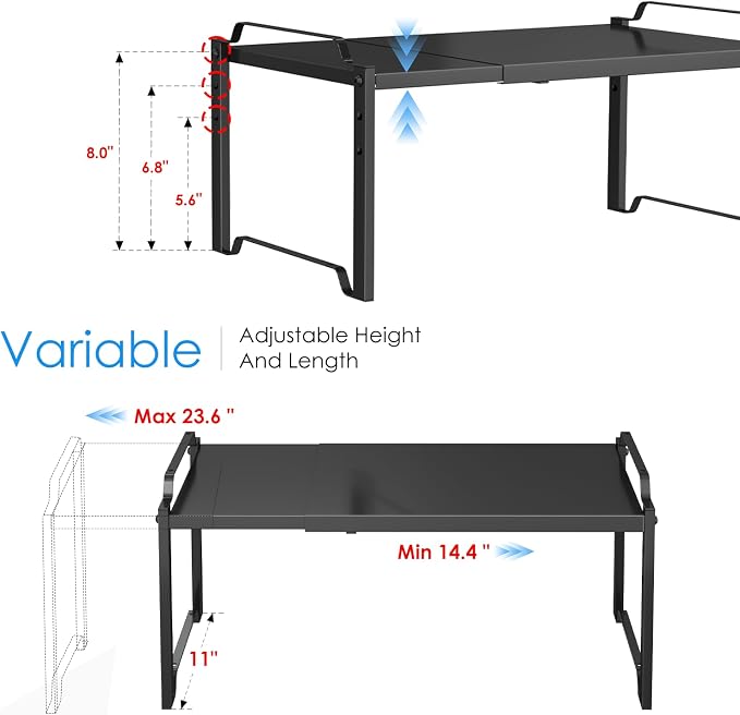 2 Pack 11” Depth Expandable Kitchen Cabinet Organizer Shelves, Metal Kitchen Countertop Organizers and Storage Shelving, Heavy Duty Stackable Storage Rack Shelf For Pantry Cupboard Counter Tabletop