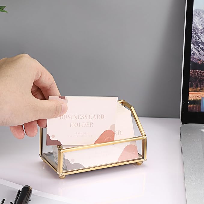 Hipiwe Glass Business Card Holder Stand, Gold Metal Frame Name Card Display Organizer, Office Desktop Countertop Business Cards Storage Holder, Fits 80-100 Business Cards