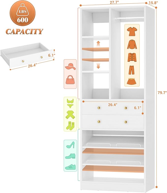 Besiost Small Closet System, 28"/2.3 FT Closet Organizer System with Drawers and Shelves, Walk-in Closets Systems for Small Closets, Free Standing Reach in Closet Tower, White
