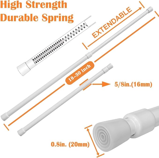 KXLife 4 Pack 5/8" Spring Tension Curtain Rod, Adjustable Tension Rods White 18 to 30 Inch, RV Tension Bars, Tension Rod for Closet