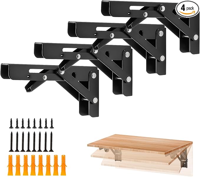 Ravinte Matte Black Folding Shelf Brackets, 6 Inch, 4 Pack | Collapsible Bracket Design, Table And Bench Support, Space-Saving Shelf Setup, For Worktops, Laundry Rooms, Garage Projects