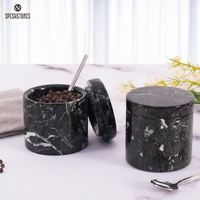 Marble Salt Cellar 3 Inch Black Salt Shakers Set for Kitchen, Salt Containers for Countertop, Sugar Bowl With Lid, Salt Holder, Spice Jars for Seasoning Storage, Salt Box