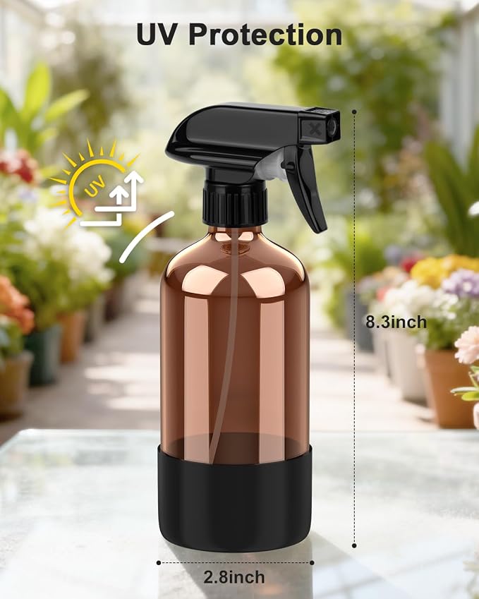 Bontip Amber Glass Spray Bottle with Silicone Sleeve Protection, 16 oz Refillable Spray Bottles for Cleaning Solutions, Plants, Aromatherapy, Facial Hydration (3, Black, 16 oz)