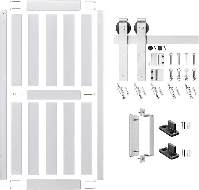 36''x84'' Sliding Barn Door with 6.6 Ft Brushed Nickel Hardware | Pre-Drilled Holes Easy Assembly - Include Installation Manual, Water-Proof PVC Surface, H-Frame, White