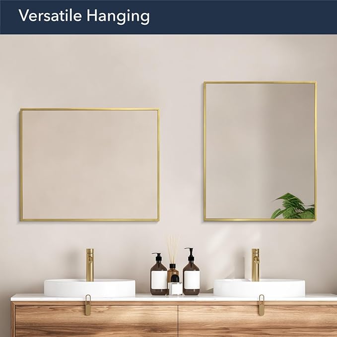 Head West Nordic Gold Stainless Steel Metal Framed Wall Mounted Vanity Mirror, Accent Decorative Mirrors for Wall Decor, Bathroom Mirrors for Over Sink, Bedroom, Living Room Entryway Hallway 24"x30"