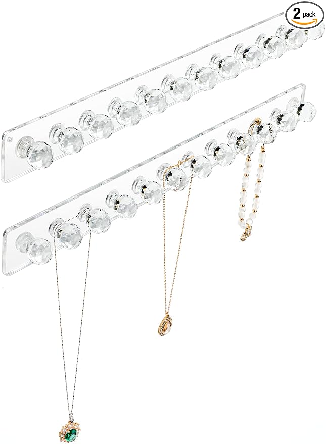 Heesch Necklace Hanger, Wall Necklace Holder, Acrylic Jewelry Organizer | Wall Mount Jewelry Hooks for Necklaces, Bracelets & Chains, Hanging Organizer and Storage, 2-Pack Clear