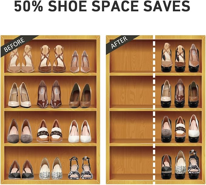 NVGSN Shoe Slots Organizer 12 Pack - Stackers for 24 Shoes, Space Saving 50%, 4 Levels Adjustable, Black