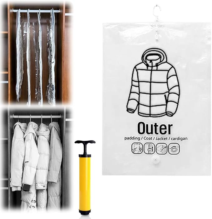 Hanging Vacuum Storage Bags, 2023 New Reusable Hanging Compressible Storage Bag Space Saver Bags with Hand Pumps, Upgrade Clothes Vacuum Seal Storage Bag for Suits Dress Jackets (Medium, 1Pcs)