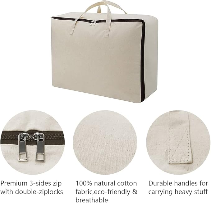 AMJ 5 Pack Oversized Storage Bag for Moving, Packing Supplies, Organizer Tote, Natural Cotton Canvas Zippered Sweater Bag, Reusable and Sustainable (Beige, 5 Pack)