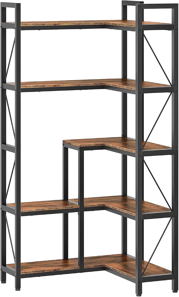 CHOEZON Corner Bookshelf, 5-Tier L-Shaped Bookcase, Corner Shelf with Metal Frame, Industrial Tall Display Shelf, for Living Room, Home Office, Bedroom, Rustic Brown TSJ12BF