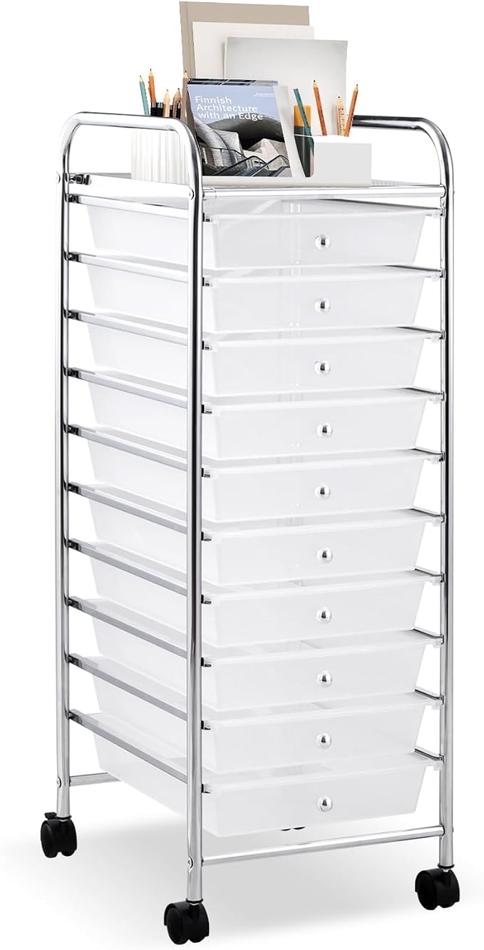 LDAILY 10-Drawer Rolling Storage Cart, Rolling Storage Cart, Storage Organizer on Wheels, Metal Frame, Scrapbook Paper Tools, Suitable for Office School, Classroom (Clear, 10 Drawer)