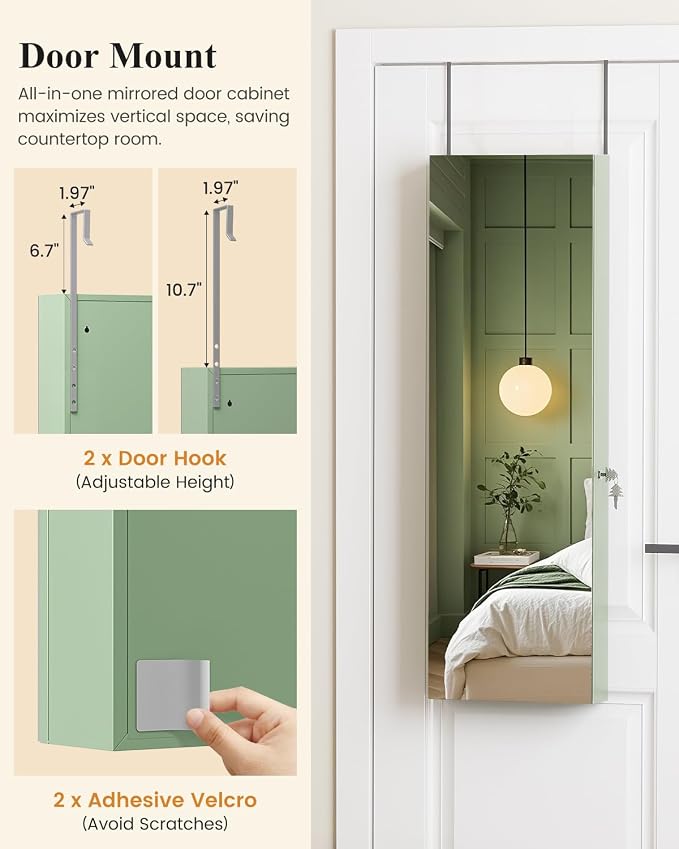 LVSOMT Over The Door Jewelry Organizer, 6 LED Wall Mounted Jewelry Cabinet | Lockable 42.5" Full Length Mirror with Jewelry Storage, Hanging Jewelry Mirror Cabinet, Jewelry Armoire for Women, Green