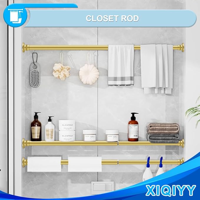 Gold Shower Curtain Rod 28-48 Inches, Adjustable Tension Rod | Spring Tension Sets It in Place with No Drilling, Built in Stainless Steel