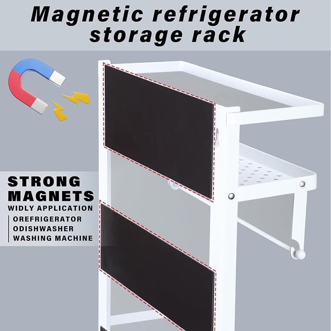 Vercraft Magnetic Dorm Fridge Organizer Heavy Duty Metal 66lbs over Dorm Fridge Shelf Essentials Side of Fridges Paper Towel Holder with Storage Shelf Hooks Magnetic Spice Rack for Room Kitchen(White)